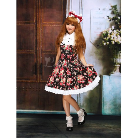 ロリータワンピース，花柄　ターンダウンカラー　スィート　コットン　プリンセスライン