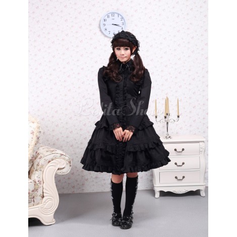 ゴスロリ　ブラック　コットン　ジャンパースカート　長袖　フリル　レーストリム　ロリィタ服