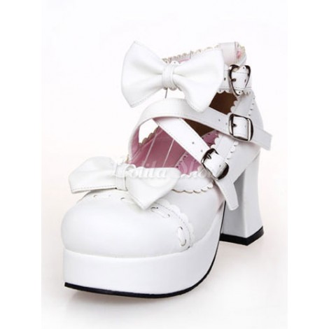 ロリータ靴　リボン柄　祝日　丸いつま先　チャンキーヒール